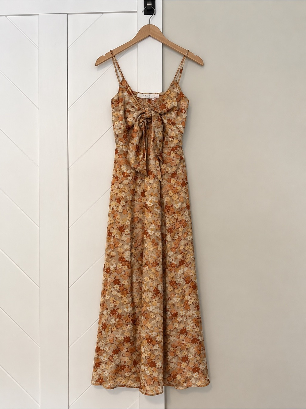 Lush Floral Tie Front Satin Midi Dress Rust Cream Boho Autumn Size S